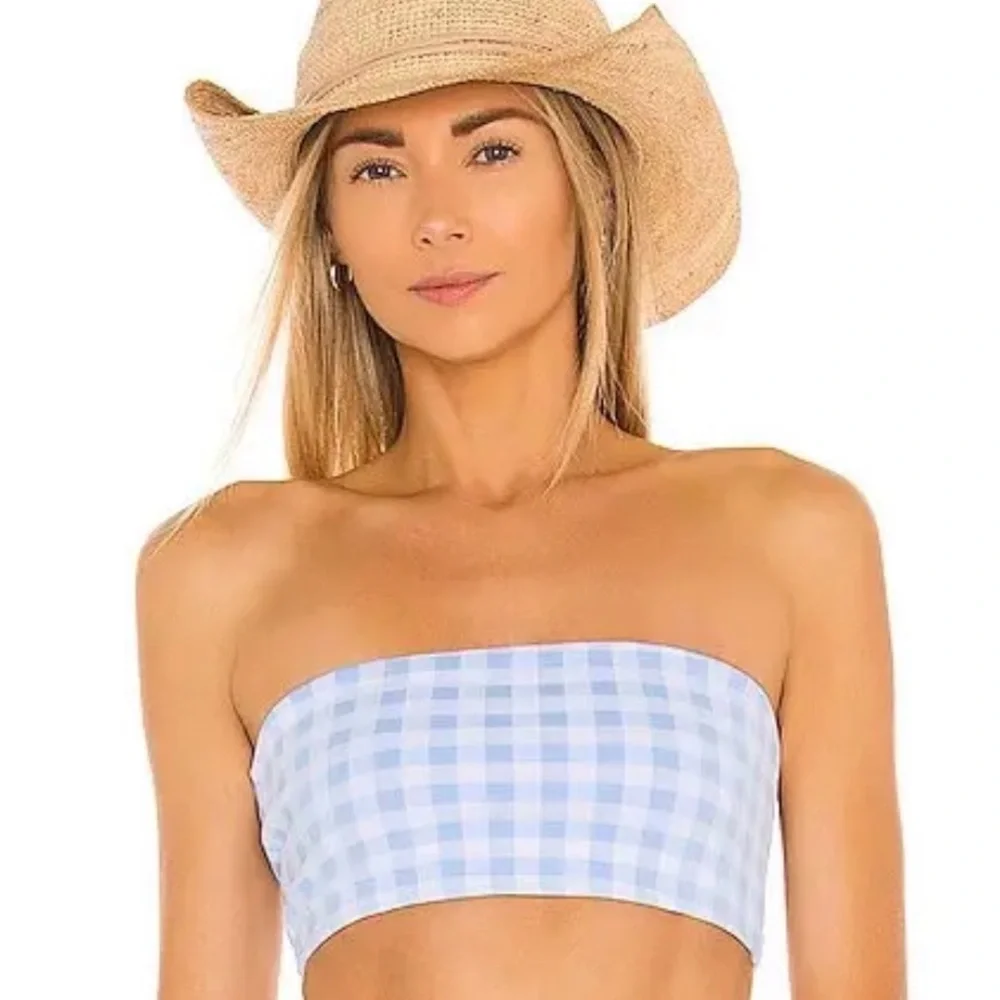 Frankie’s Bikinis Blue Gingham Jenna Bandeau Top NWT